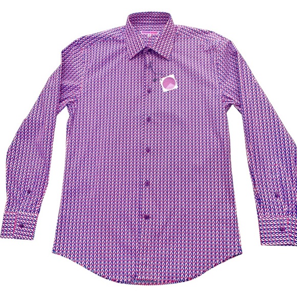 NWT COTON DOUX Paris Geo Print Button Front Shirt Cotton Poplin Pink Navy Blue - Picture 7 of 15